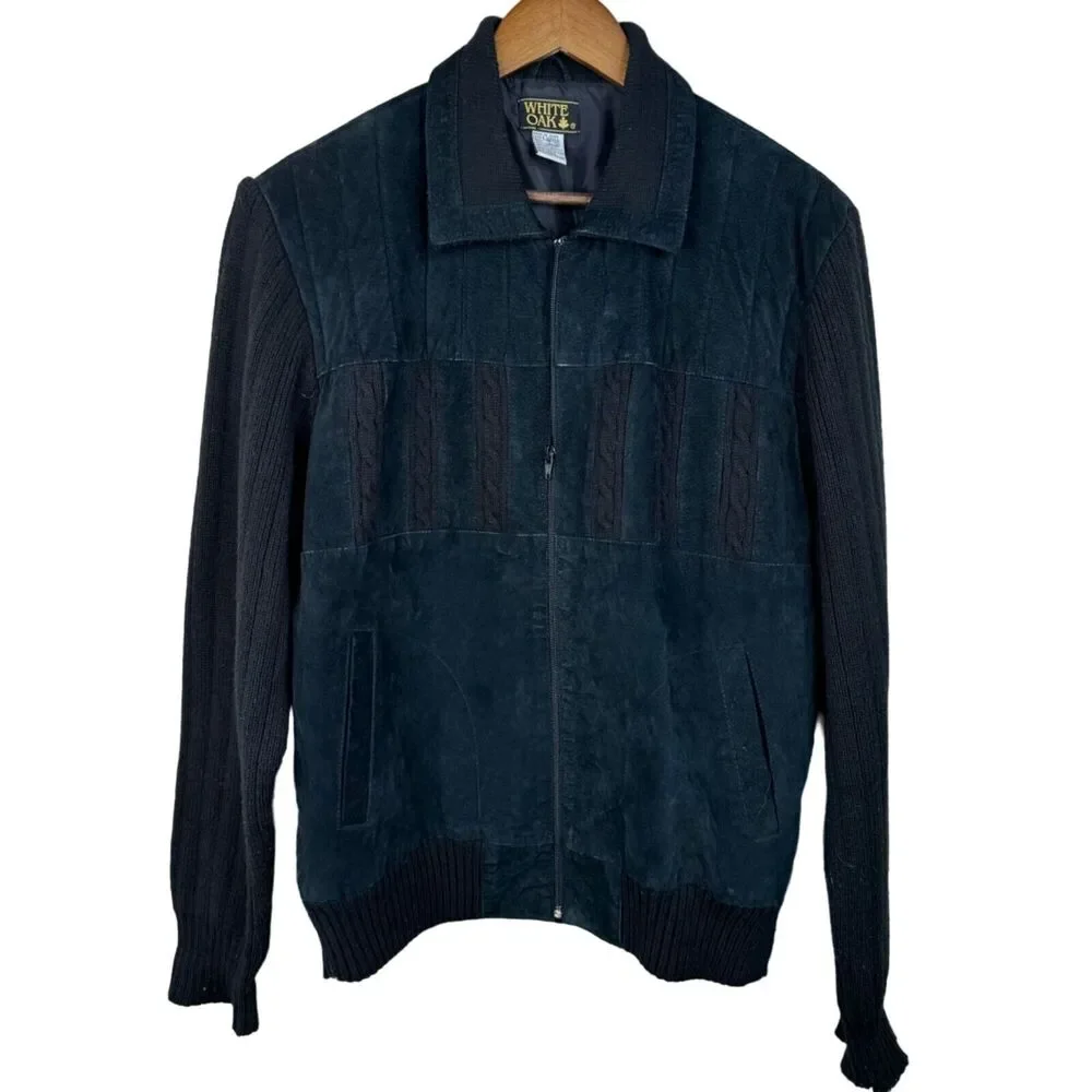 White Oak Mens Large Black Leather Knit Bomber Jacket 80s 90s‎ Grandpa Sweater